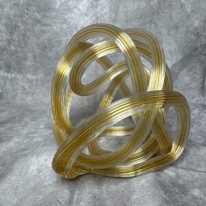 Vintage Art Glass Yellow Gold Twisted Rope Infinity Love Knot Ribbed Paperweight